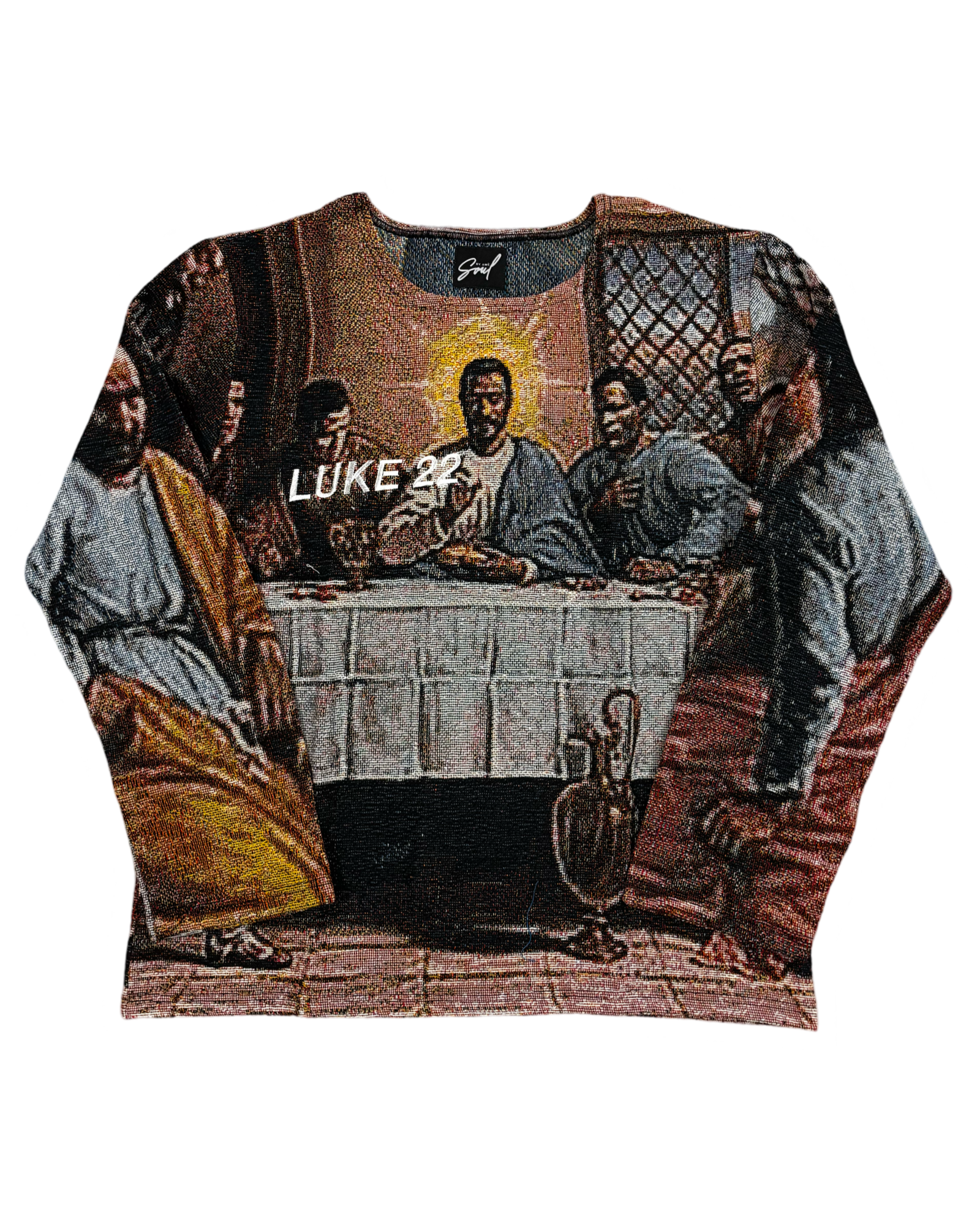 Knitted sweater featuring a religious Last Supper scene artwork.