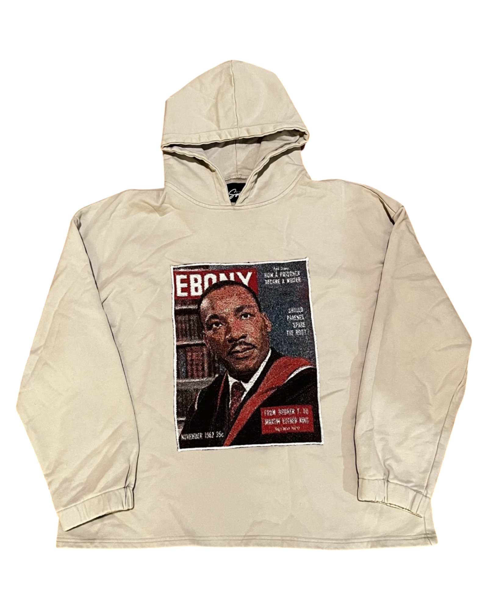 Beige hooded sweatshirt featuring a vintage magazine cover design on the front.