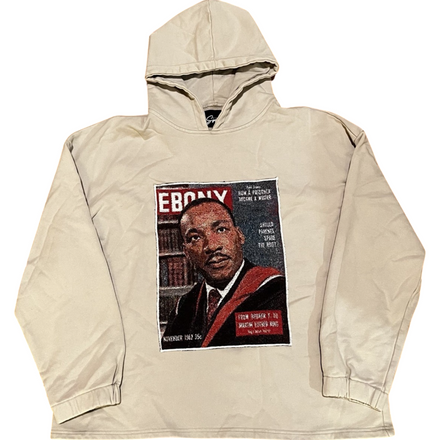 Beige hooded sweatshirt featuring a vintage magazine cover design on the front.