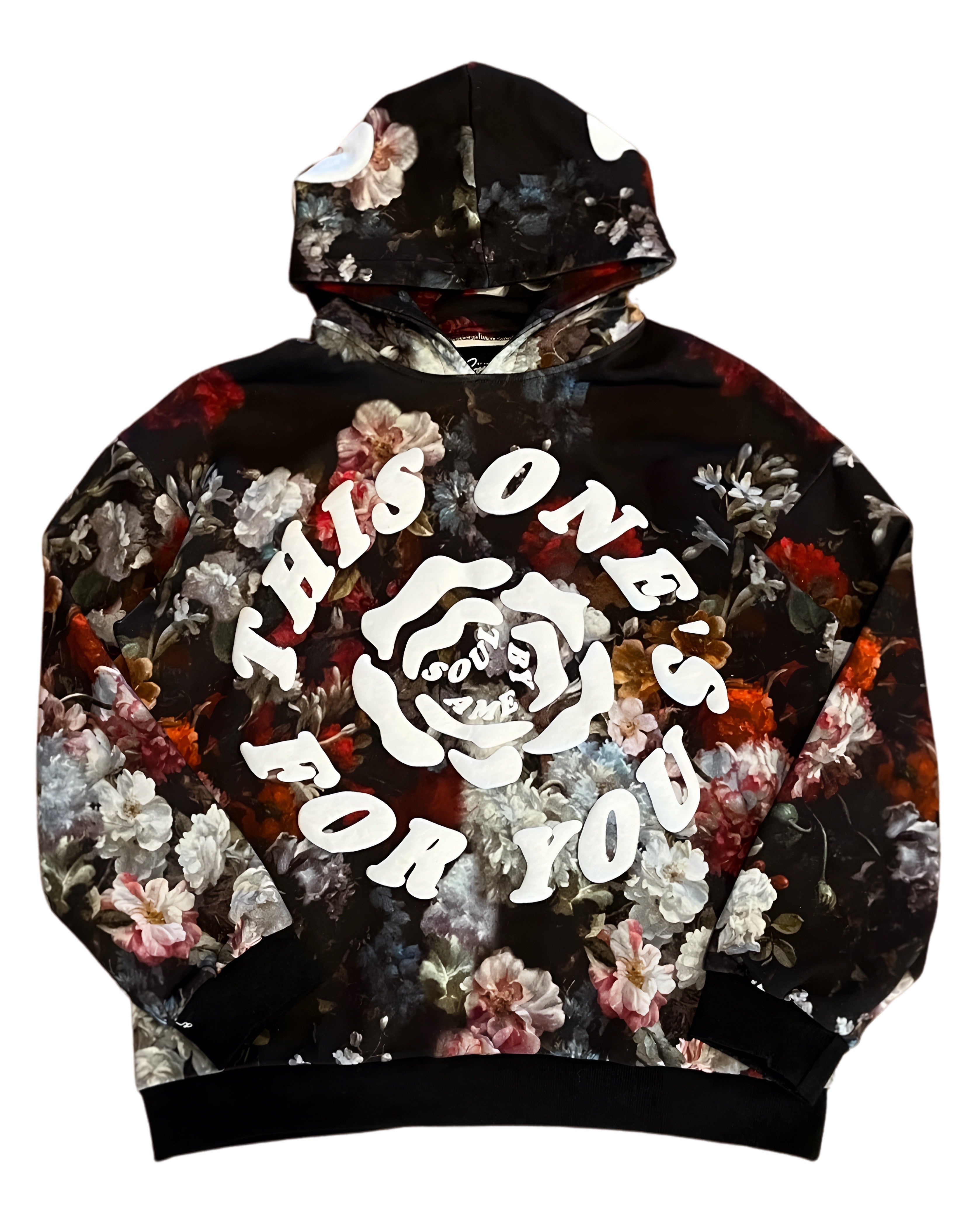 Black floral hoodie with white circular text design and rose pattern.