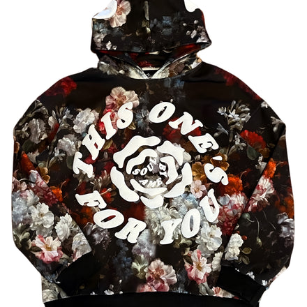 Black floral hoodie with white circular text design and rose pattern.