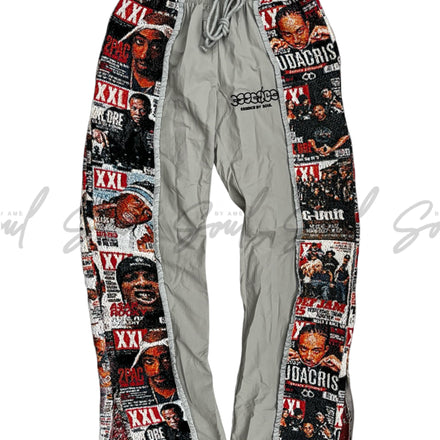 Pair of sweatpants with magazine cover print panels on the sides.