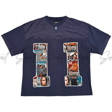 Navy blue t-shirt with colorful graphic number ’11’’ design filled with sports imagery.