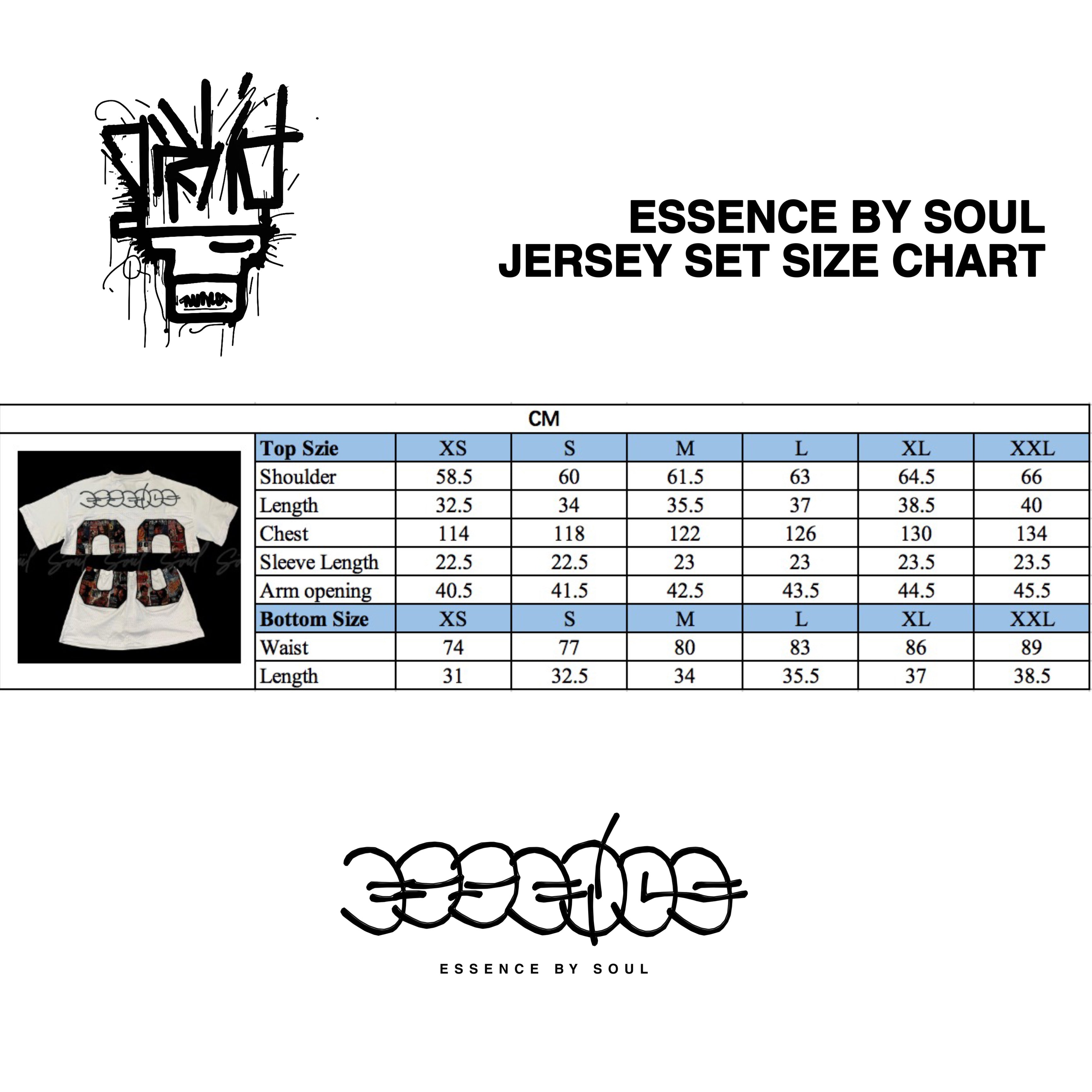 Size chart for Essence by Soul jersey sets, displaying measurements for different sizes from XS to XXL.