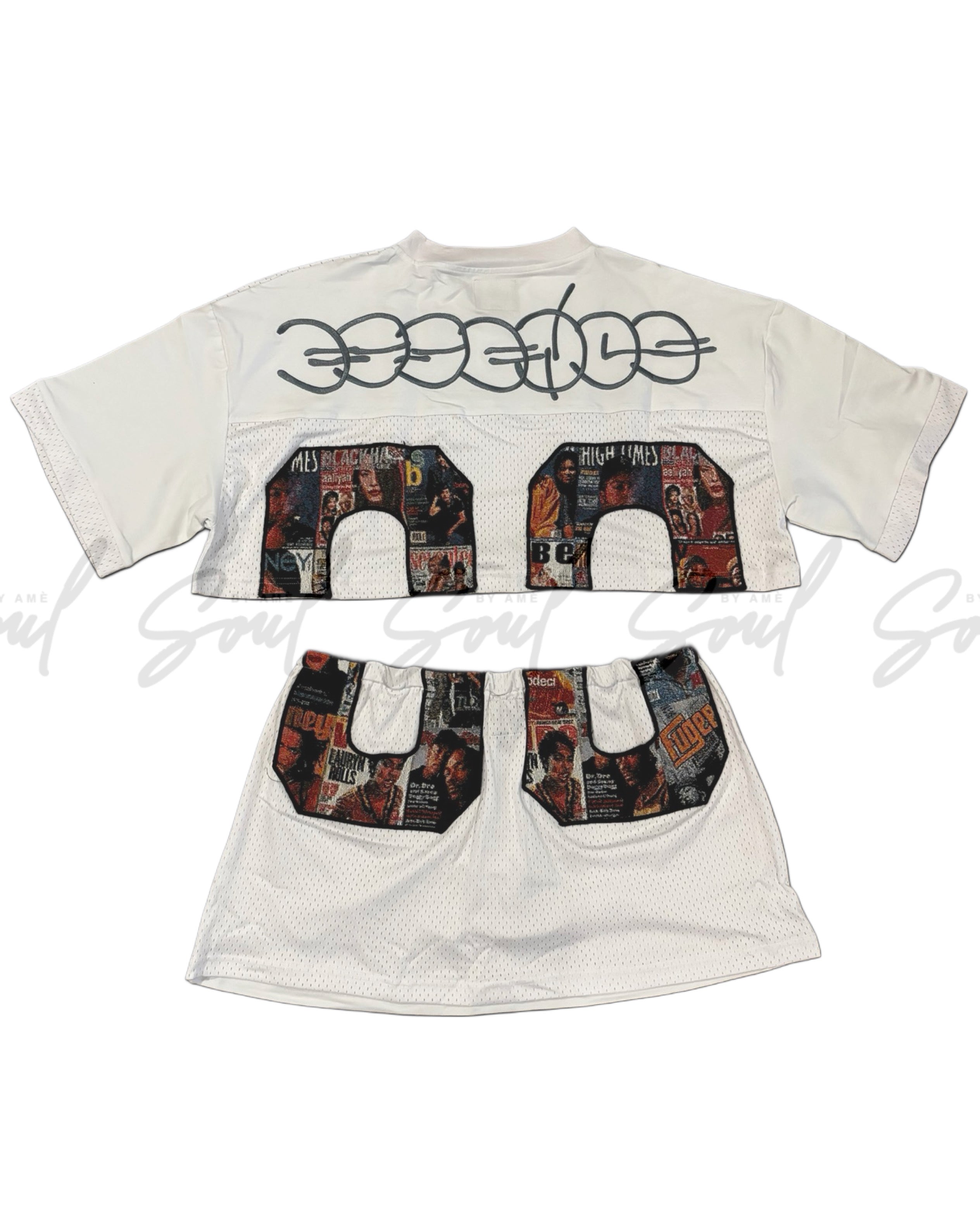 White t-shirt with ’00’’ printed in a floral pattern and braces design at the top.