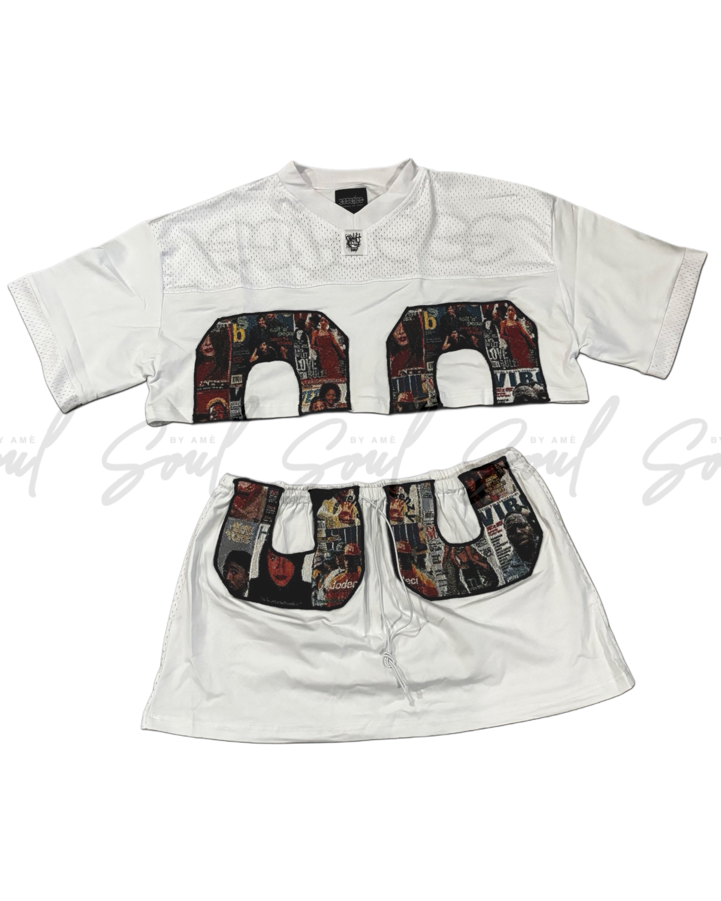 White t-shirt with a graphic ’00’’ design featuring various images within the numbers.