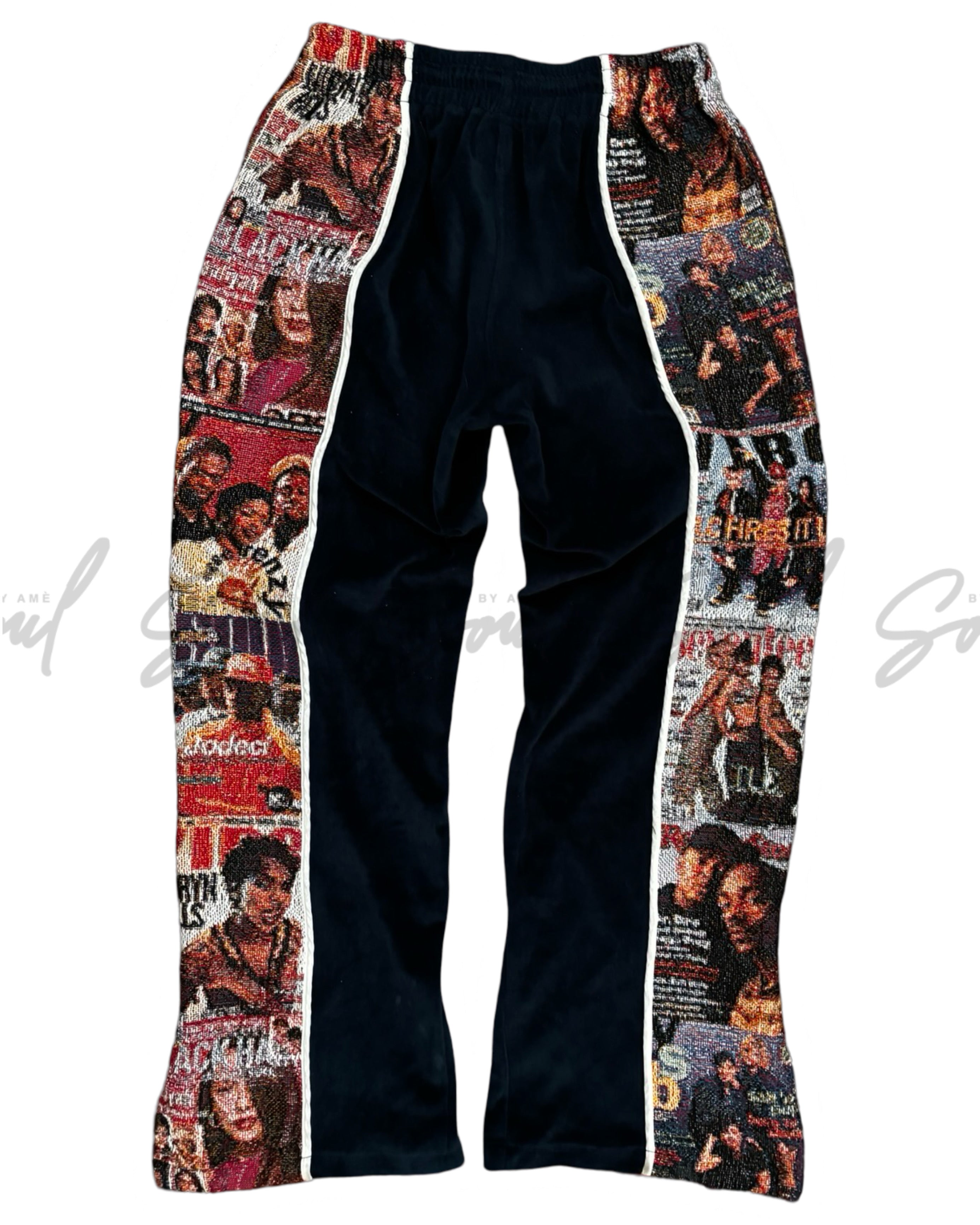 Pair of black pants with colorful magazine cover-style panels on the sides.