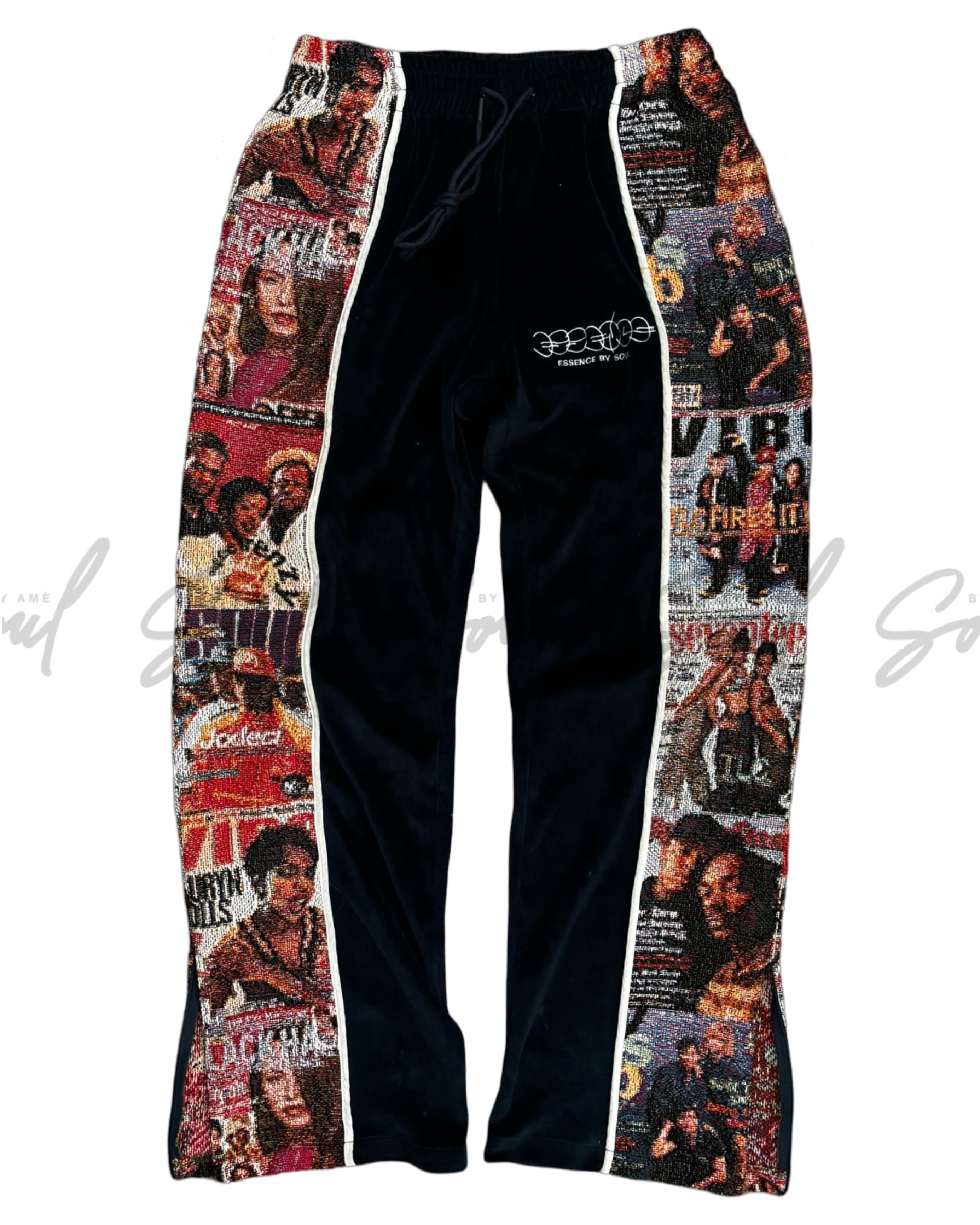 Pair of black sweatpants with magazine cover collage side panels.