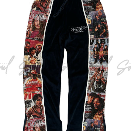 Pair of black sweatpants with magazine cover collage side panels.