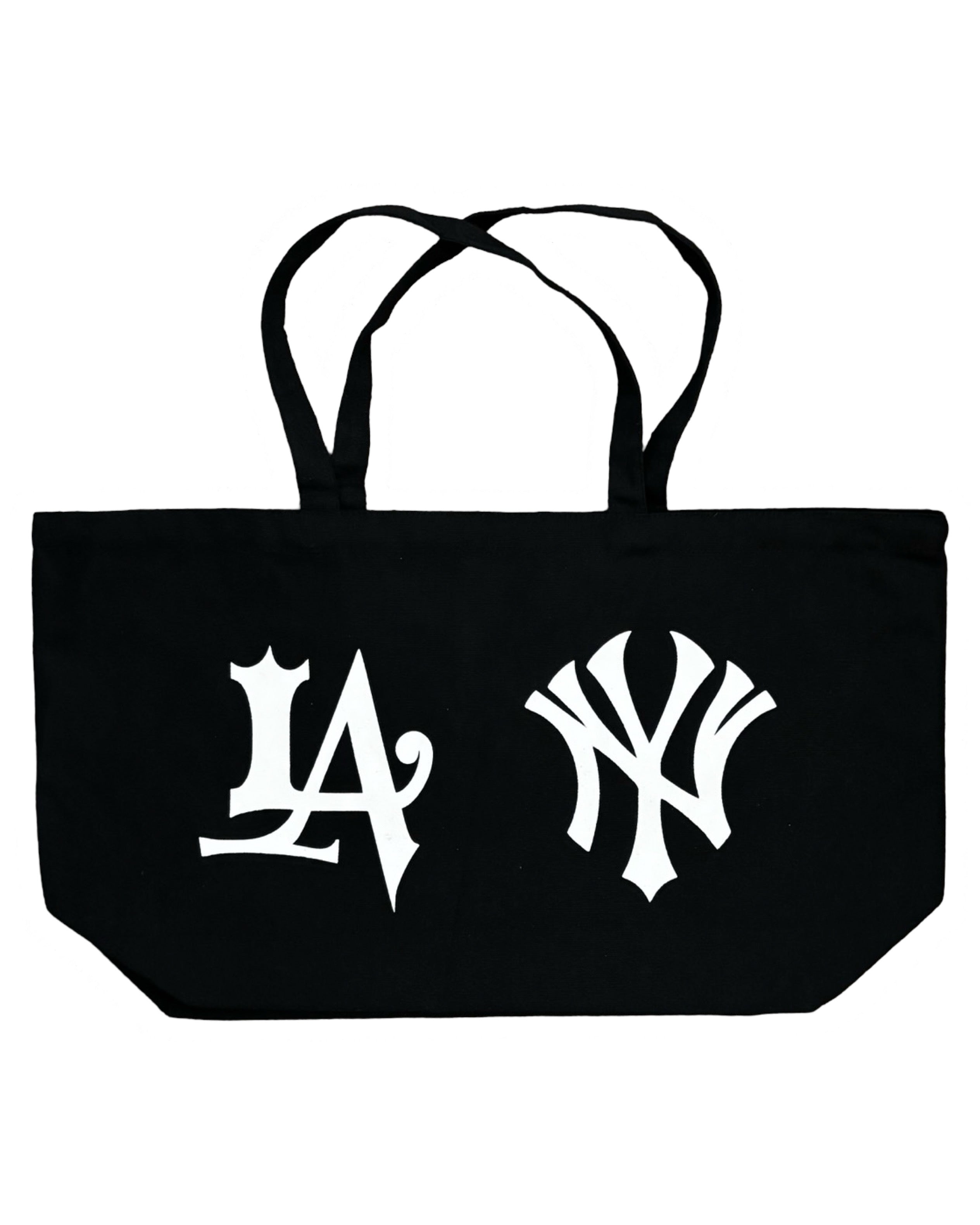 Black tote bag featuring white ’LA’ and ’NY’ logos.