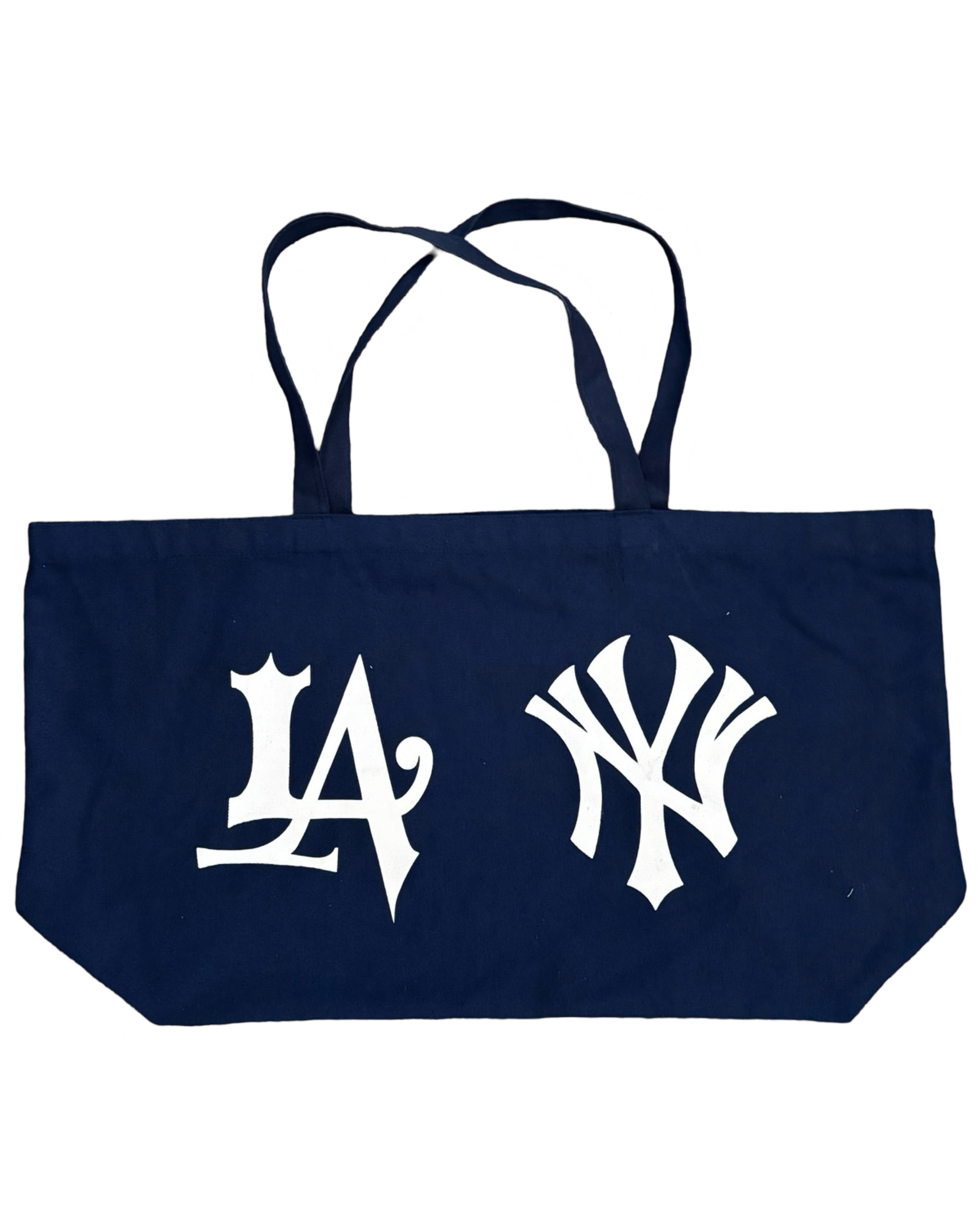 Navy blue tote bag featuring white LA and NY logos.