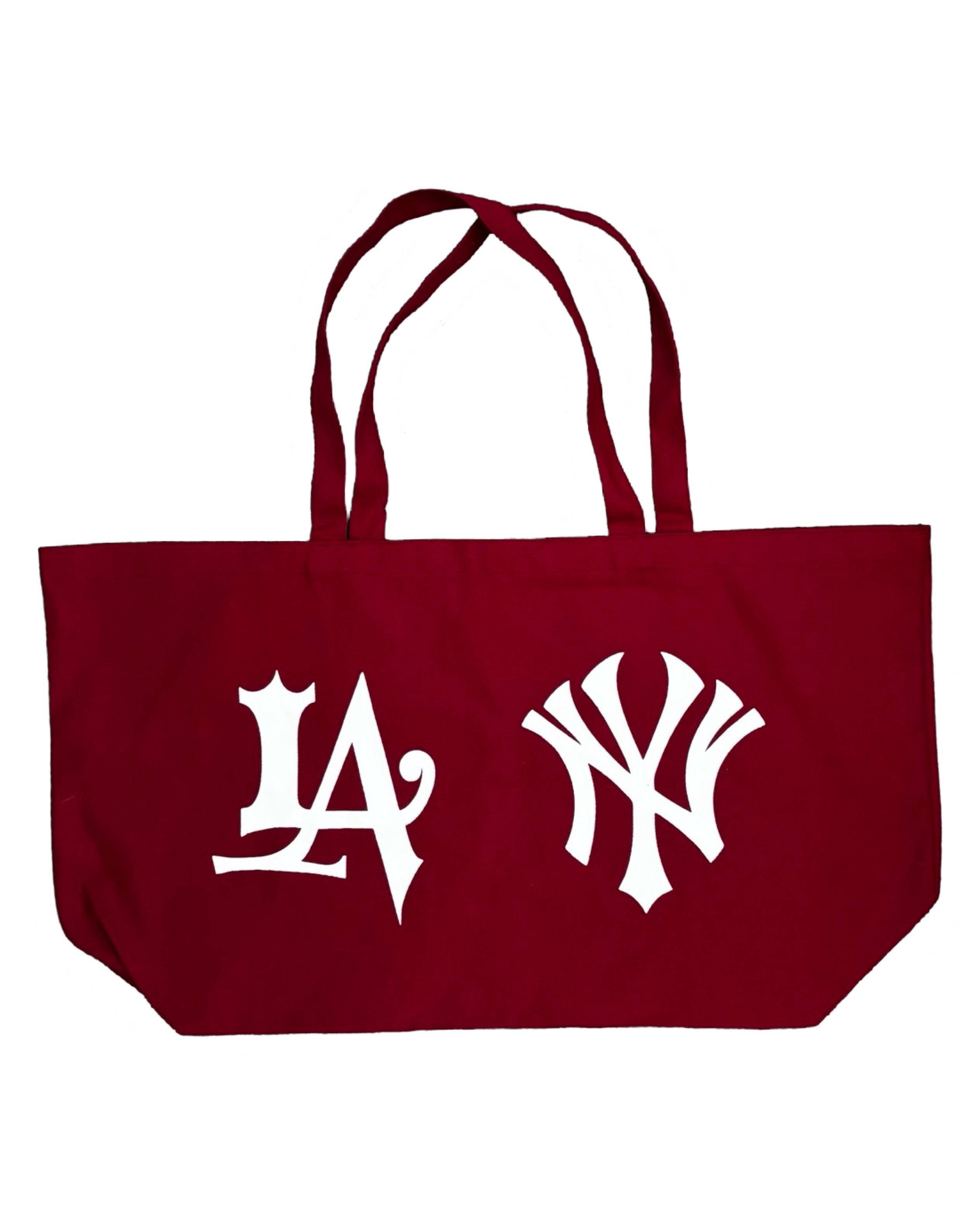 Red tote bag featuring Los Angeles and New York Yankees logos.