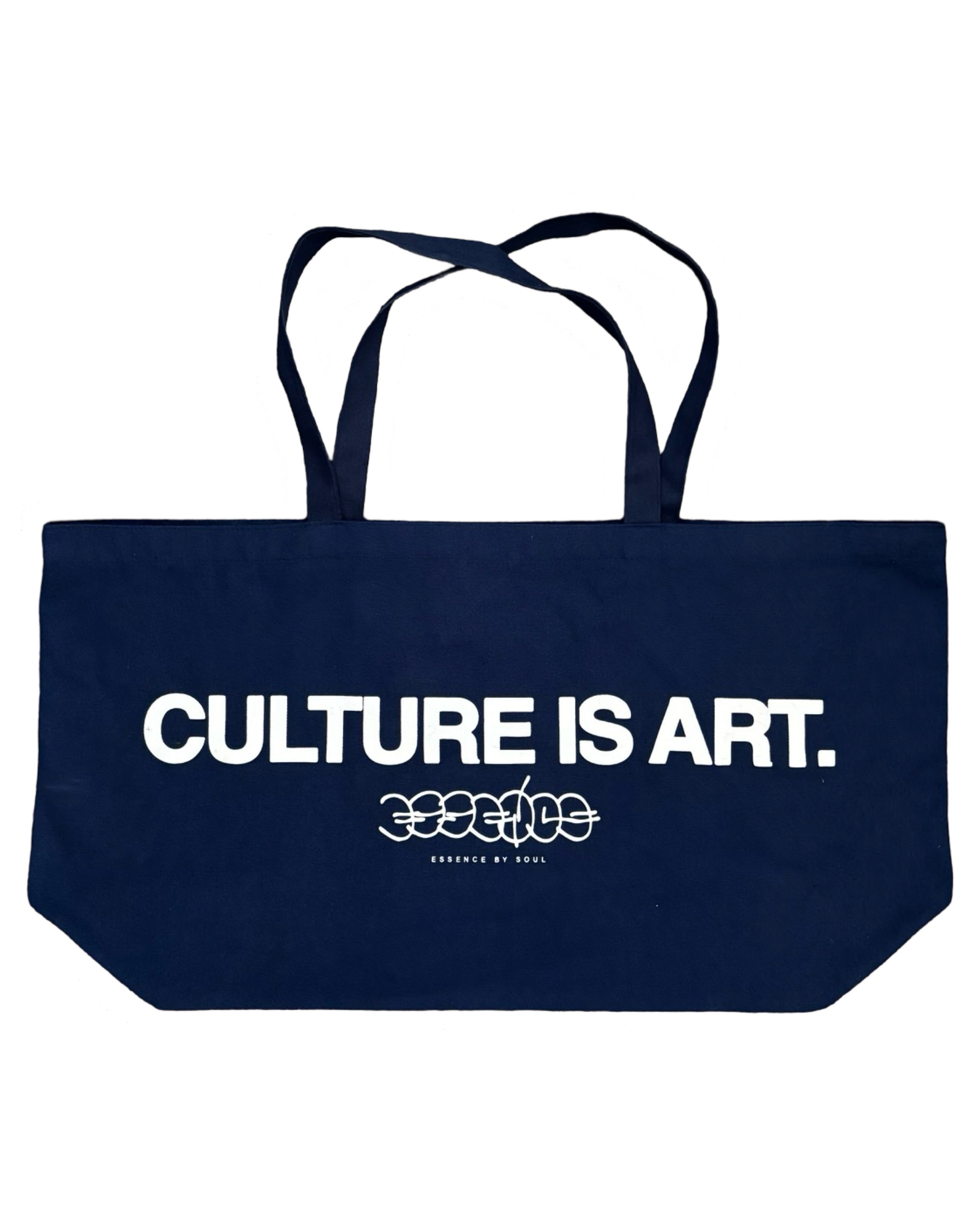 Navy blue tote bag with white text reading ’CULTURE IS ART.’ and a stylized logo underneath.