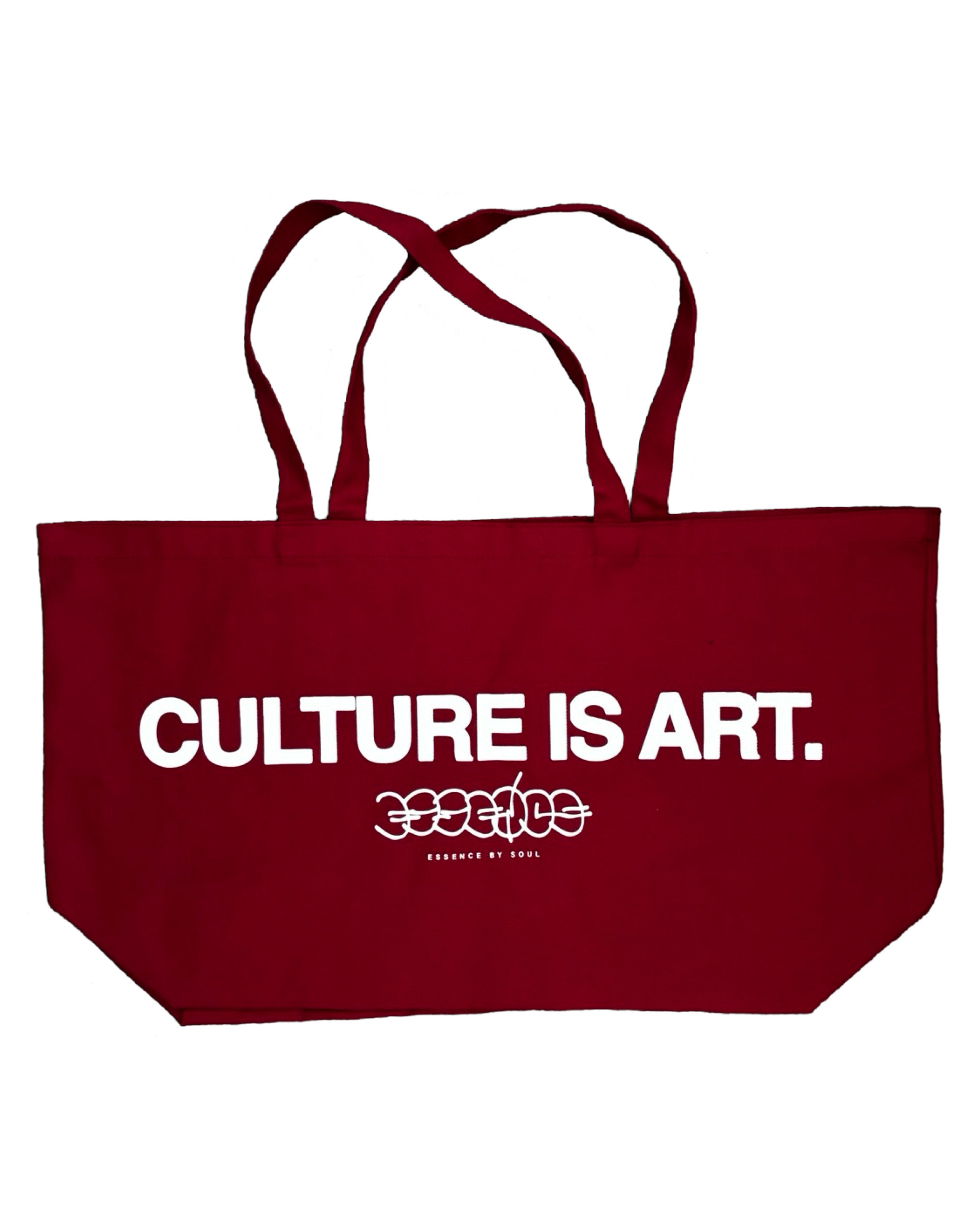 Red tote bag with white text reading ’CULTURE IS ART.’