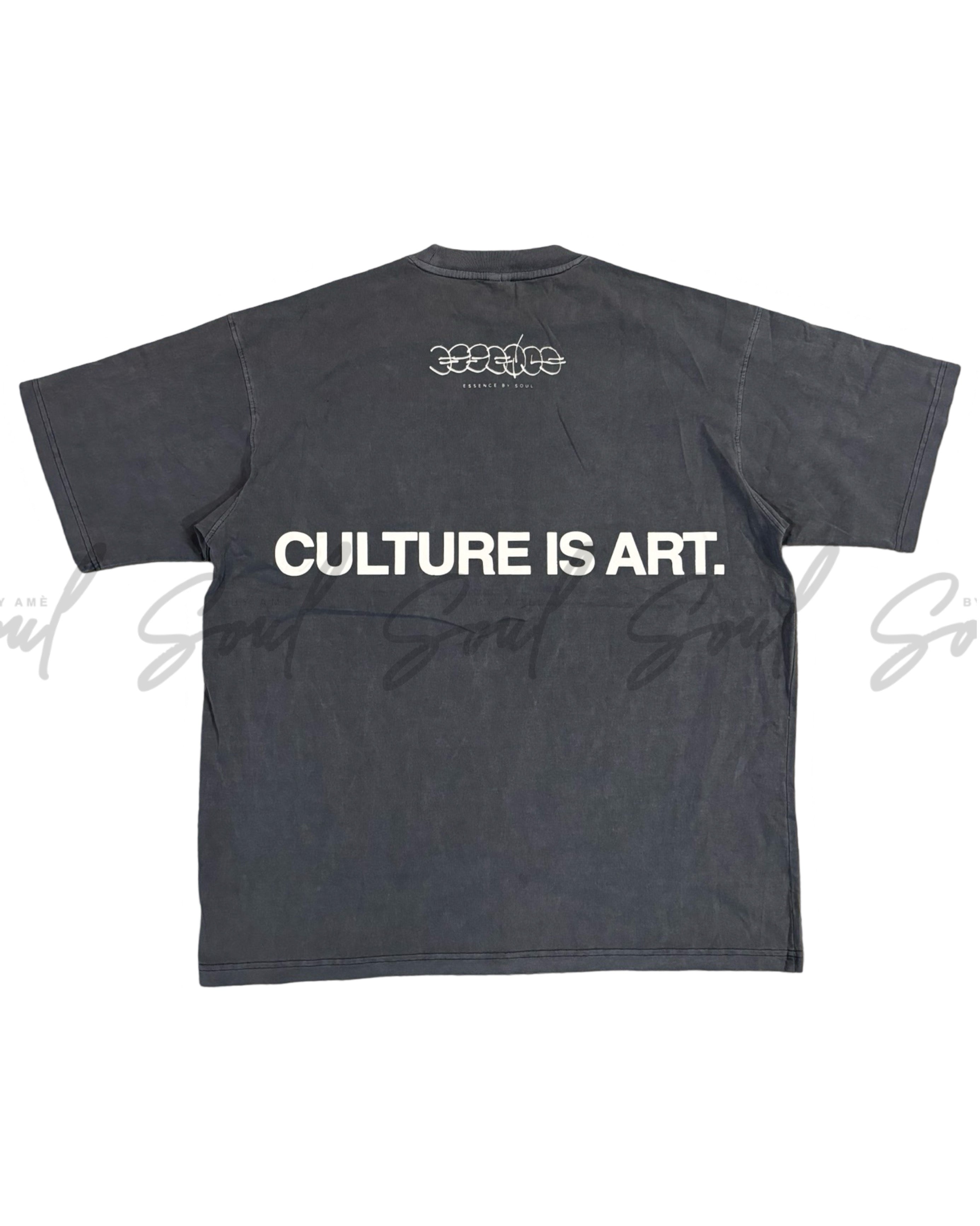 Dark gray t-shirt with ’CULTURE IS ART.’ printed on the back in white text.