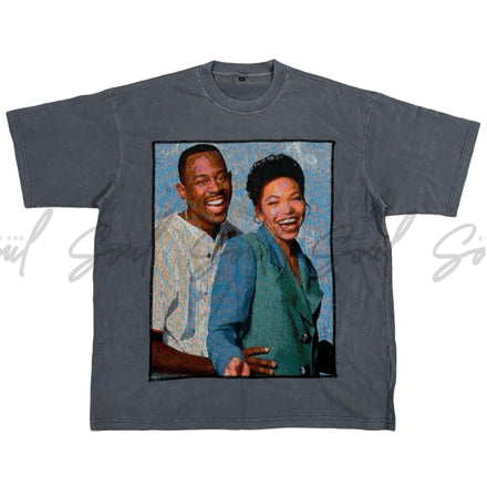 Gray t-shirt featuring a printed photograph of a smiling couple.