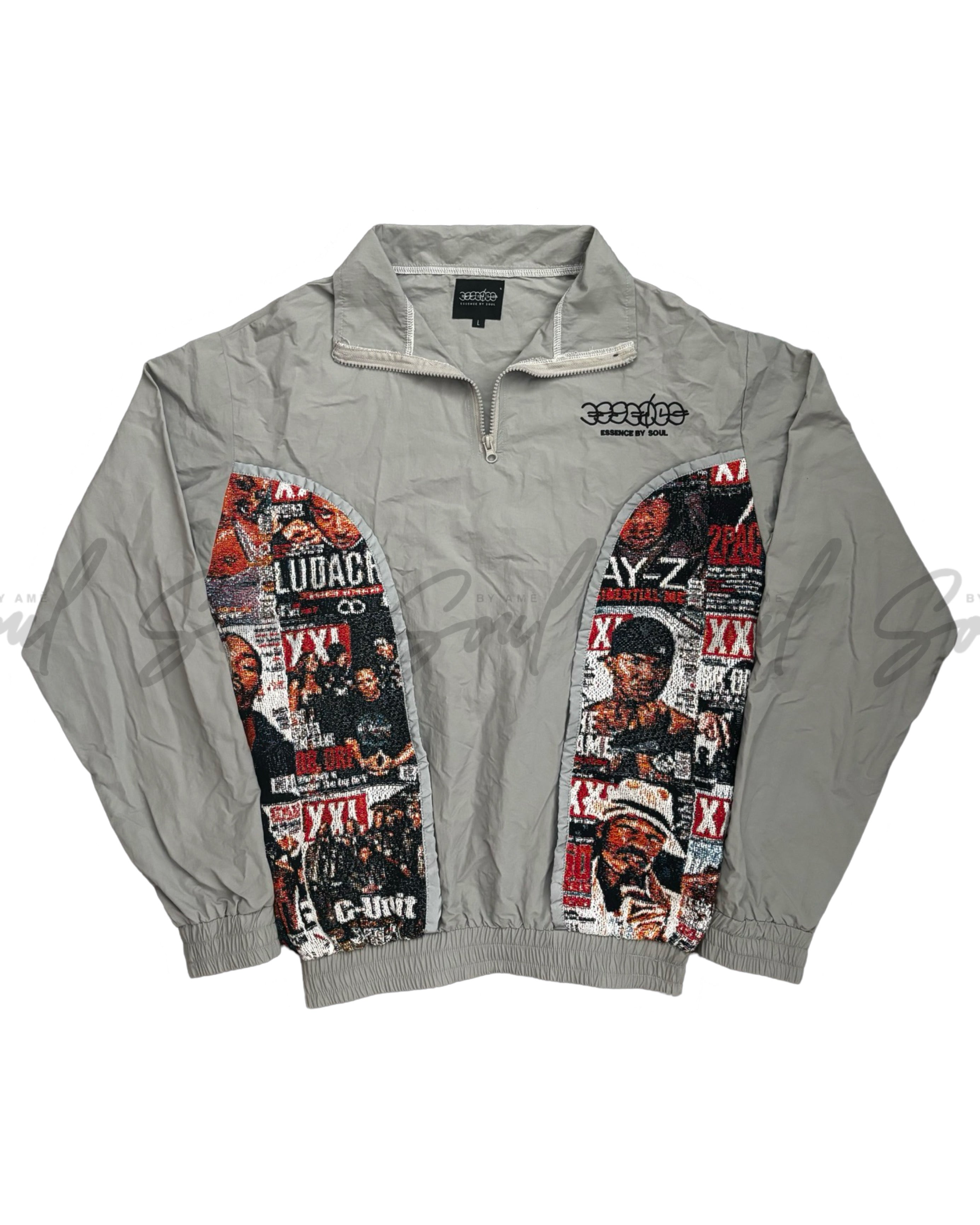 Light gray jacket with hip-hop magazine cover collages on the sleeves.