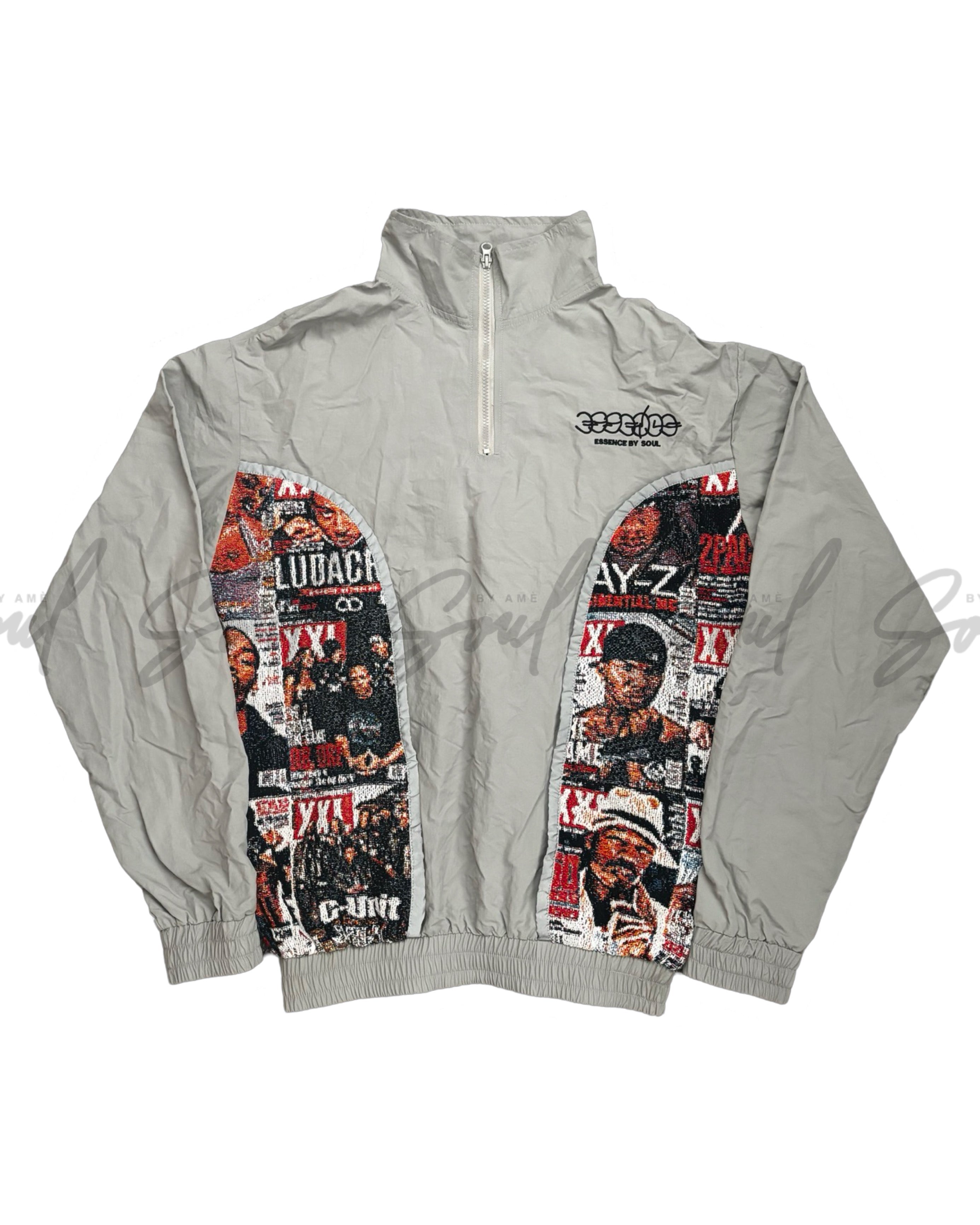 Light gray zip-up jacket with graphic collage panels on the front.