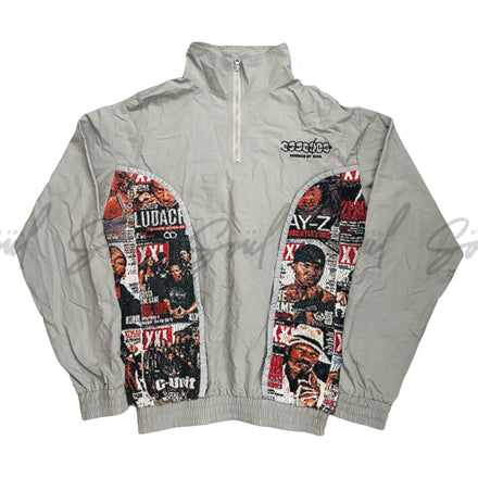 Light gray zip-up jacket with graphic collage panels on the front.