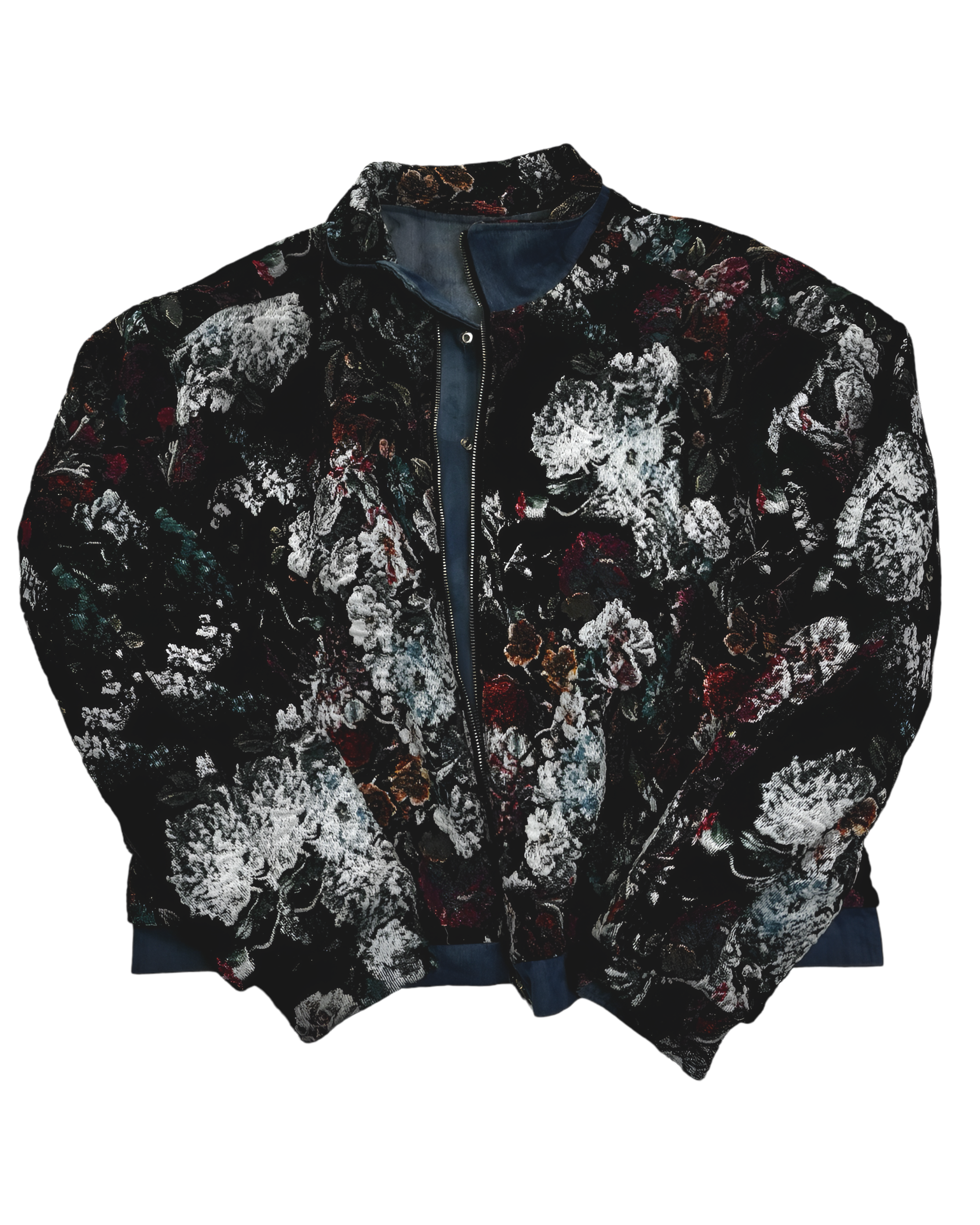 Black bomber jacket with abstract white and red splatter pattern.