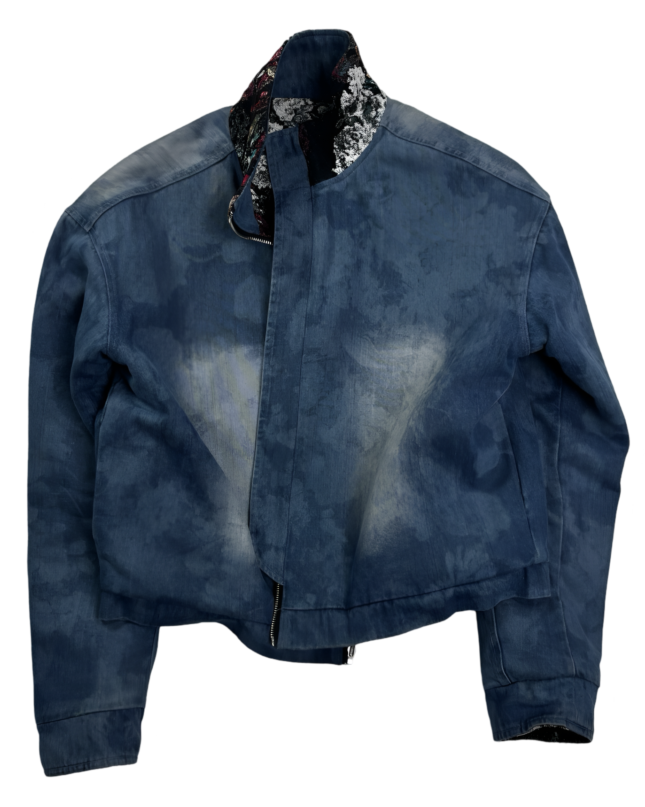 Navy blue cropped jacket with a patterned collar.