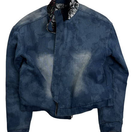 Navy blue cropped jacket with a patterned collar.