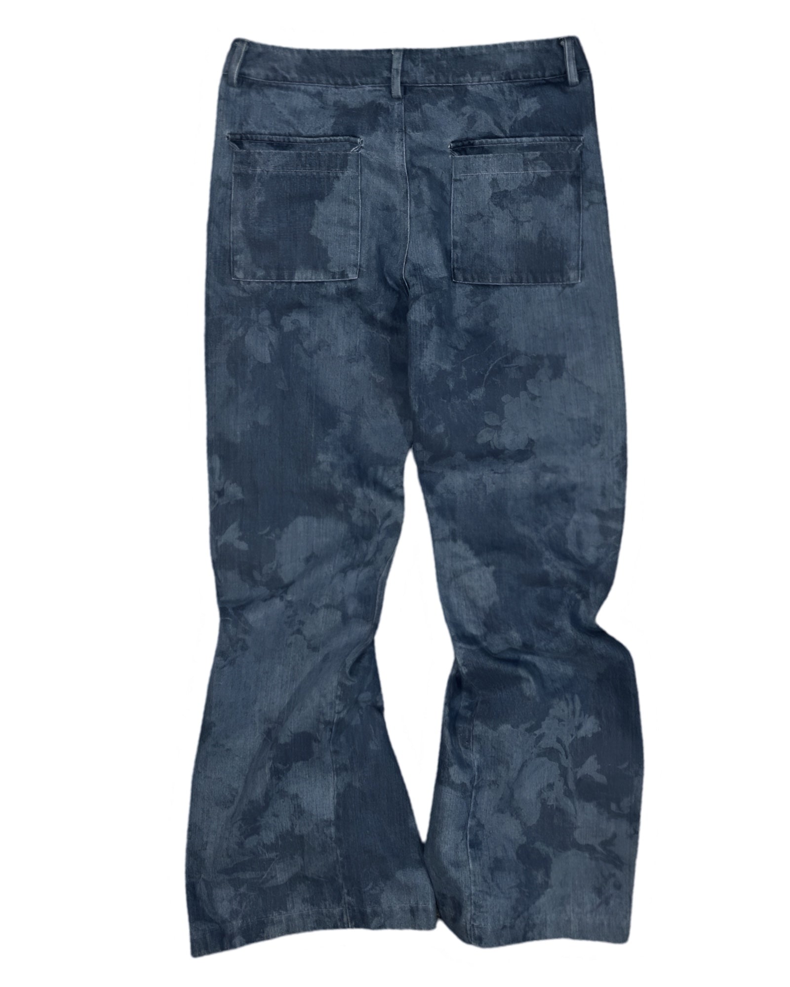 Blue camouflage patterned flared pants.