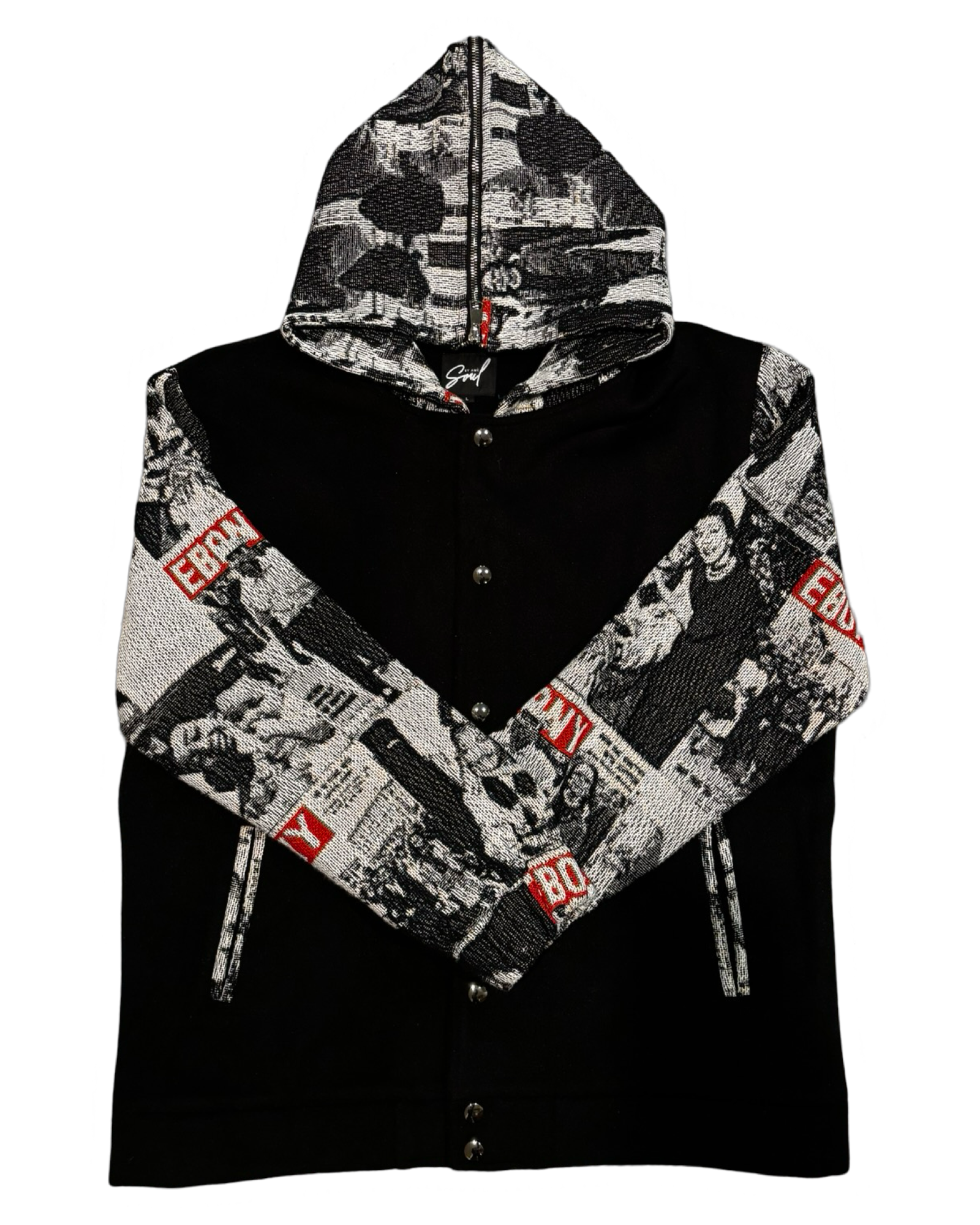 Black and gray hooded jacket with newspaper print pattern and red accents.