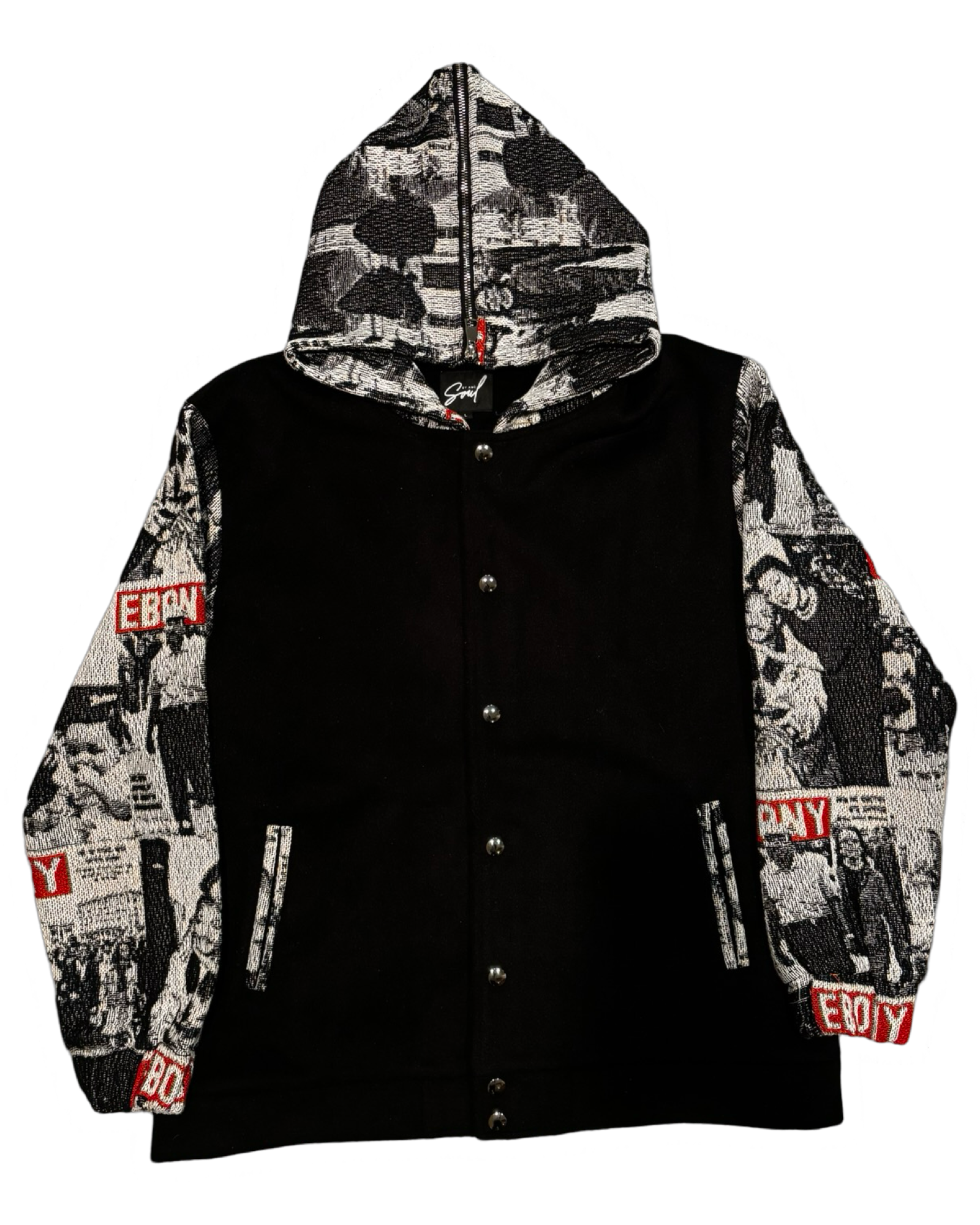 Black hooded jacket with newspaper print pattern sleeves and hood.