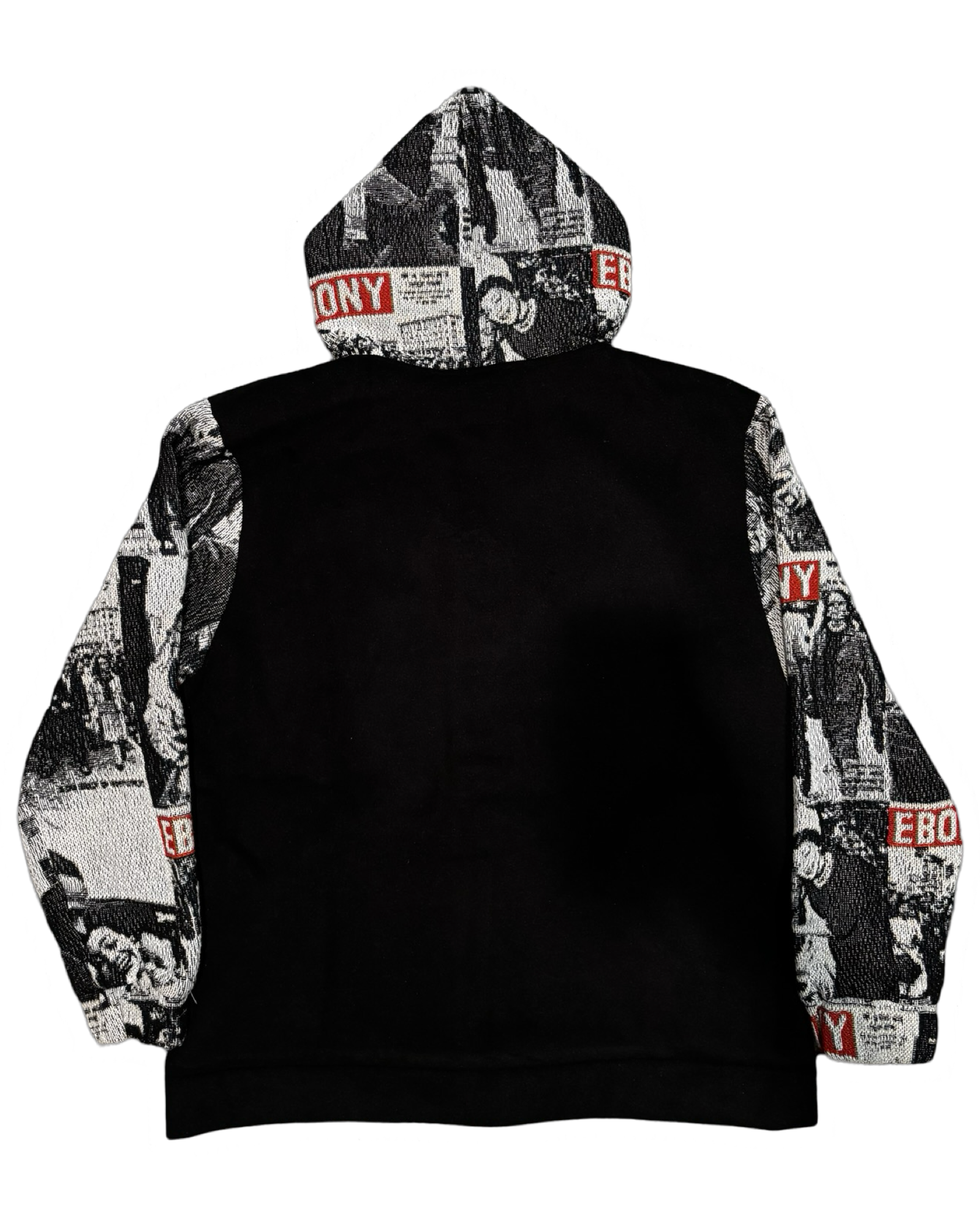 Black hoodie with newspaper print pattern sleeves.