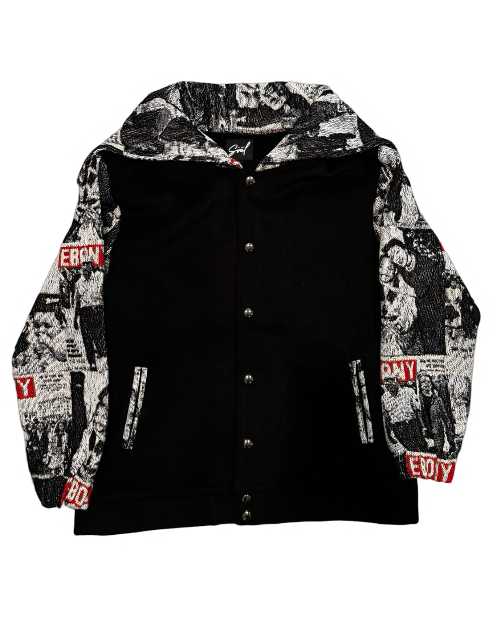 Black and white varsity-style jacket with a graphic print pattern on the sleeves.