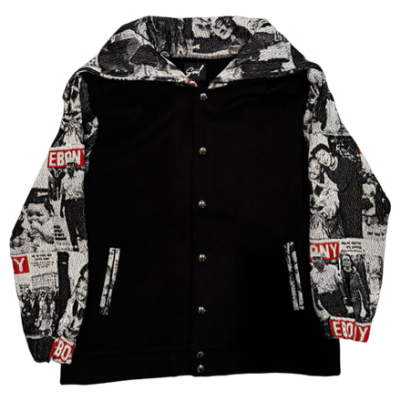 Black and white varsity-style jacket with a graphic print pattern on the sleeves.