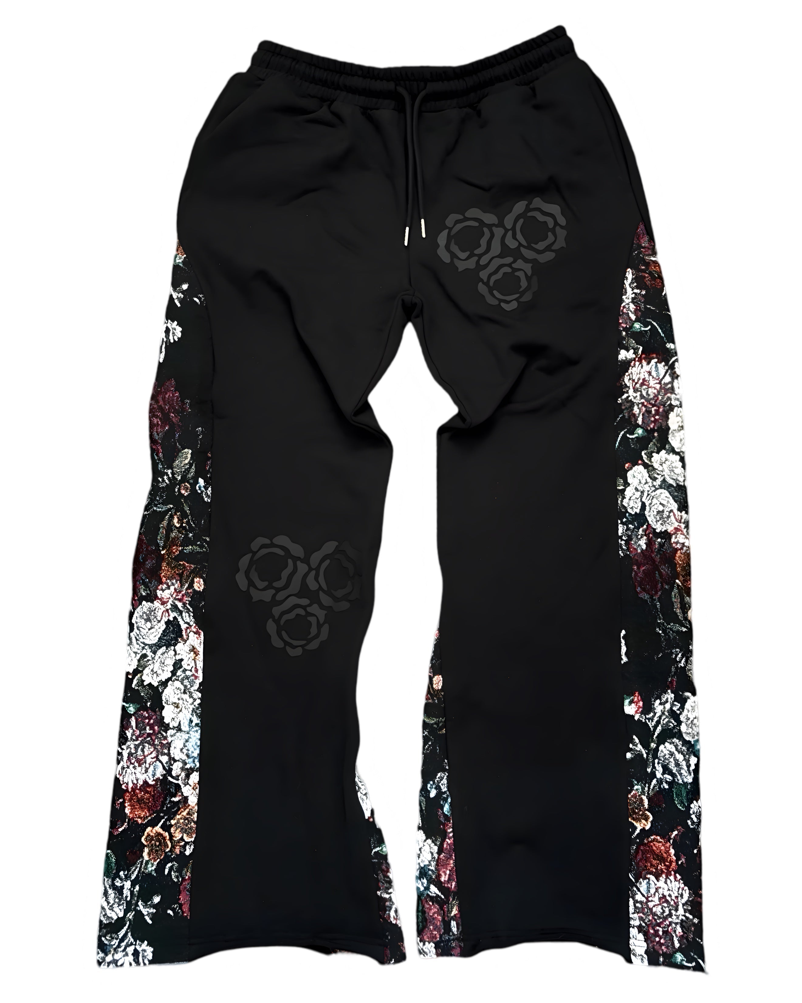 Black sweatpants with floral designs along the sides and gear-like patterns on the front.